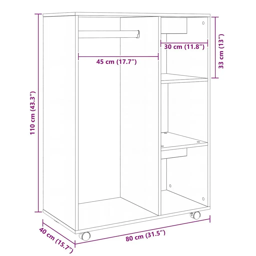 Engineered Wood Wardrobe 80W x 40D x 110H cm Open Compartment with Wheels