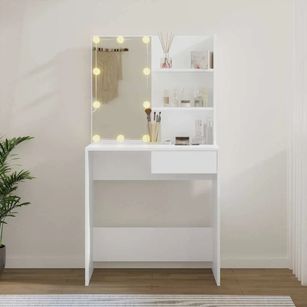 Dressing Table with LED Mirror White Storage Drawer Open Shelves