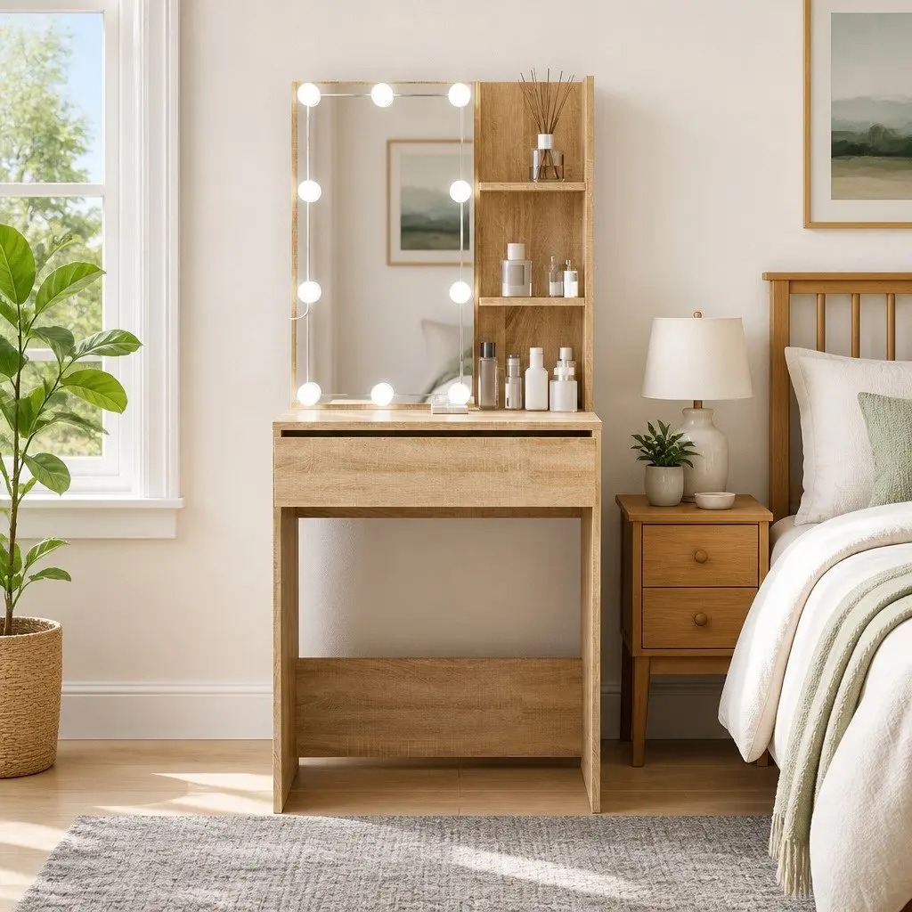 Dressing Table 60cm LED Mirror Sonoma Oak Makeup Vanity Console Storage