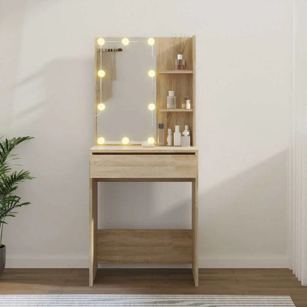 Dressing Table 60cm LED Mirror Sonoma Oak Makeup Vanity Console Storage