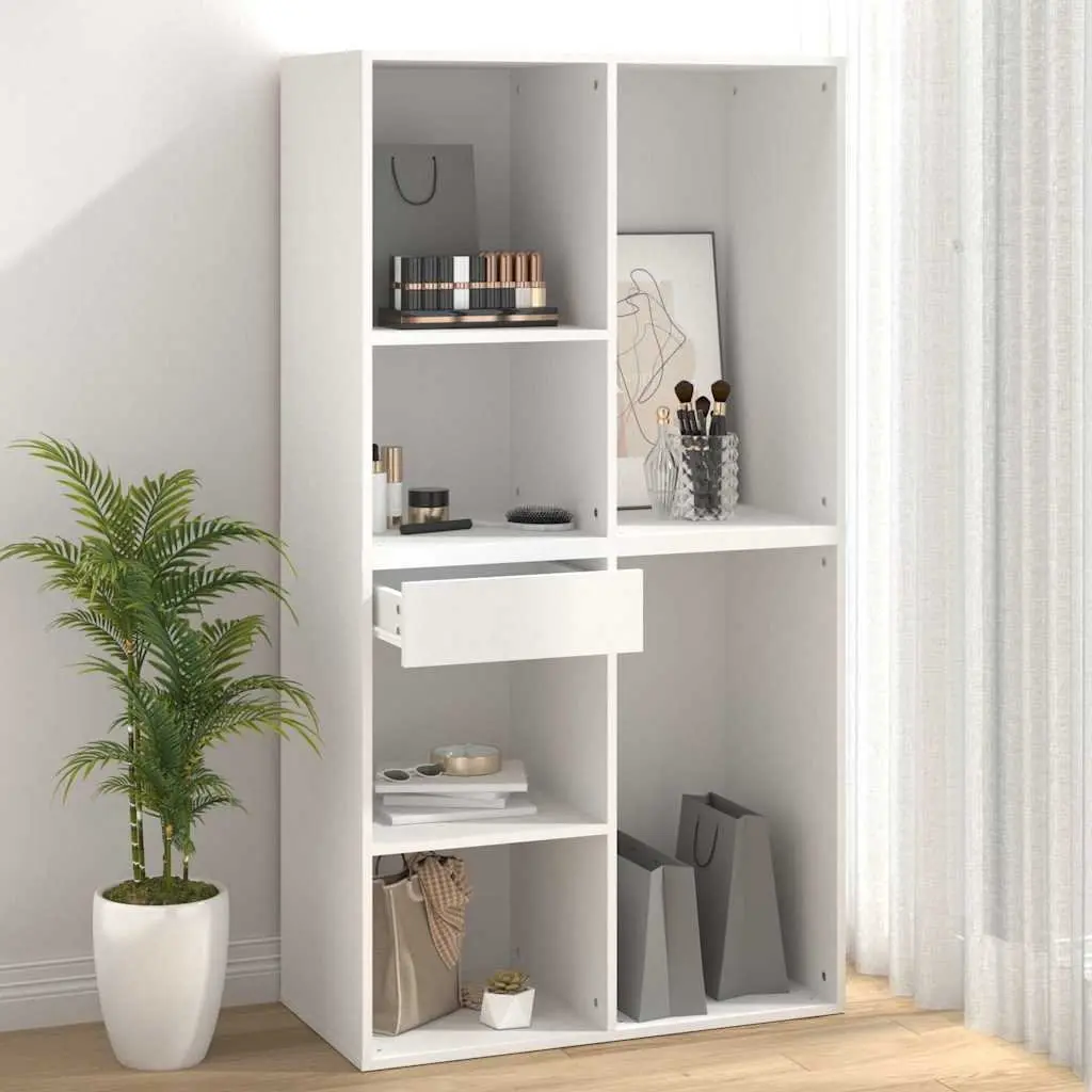 Cosmetic Cabinet Storage Unit White Engineered Wood Makeup Organizer with Drawer and Compartments
