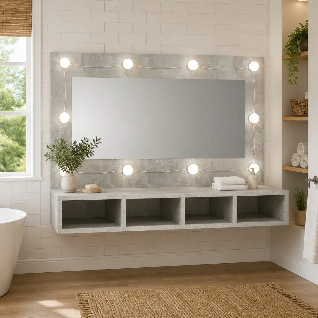 Bathroom Cabinet Concrete Grey LED Mirror with USB Mode Switching and 4 Open Shelves