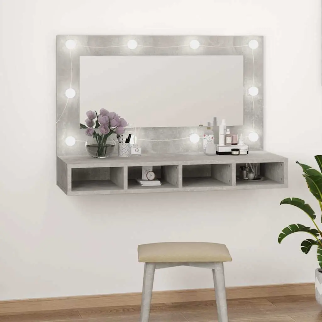Bathroom Cabinet Concrete Grey LED Mirror with USB Mode Switching and 4 Open Shelves