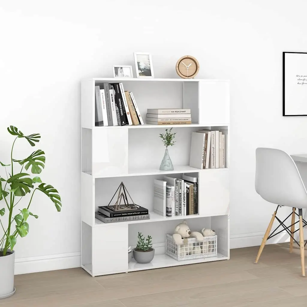 Book Cabinet Room Divider 4 Compartment White High Gloss Storage Organizer