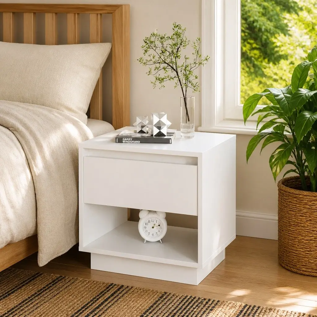 Bedside Cabinet White Engineered Wood Nightstand Drawer Open Compartment