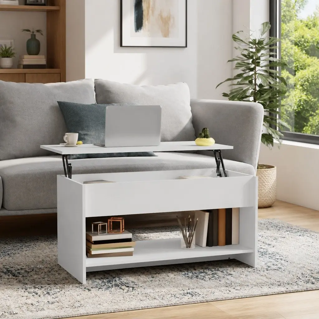 Coffee Table White Adjustable Height Lift Top Storage Compartment Engineered Wood