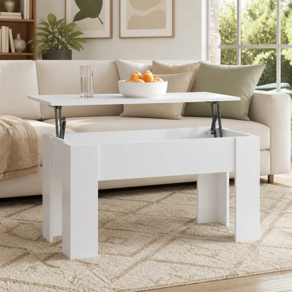 Lift Top Coffee Table White High Gloss Engineered Wood with Hidden Storage