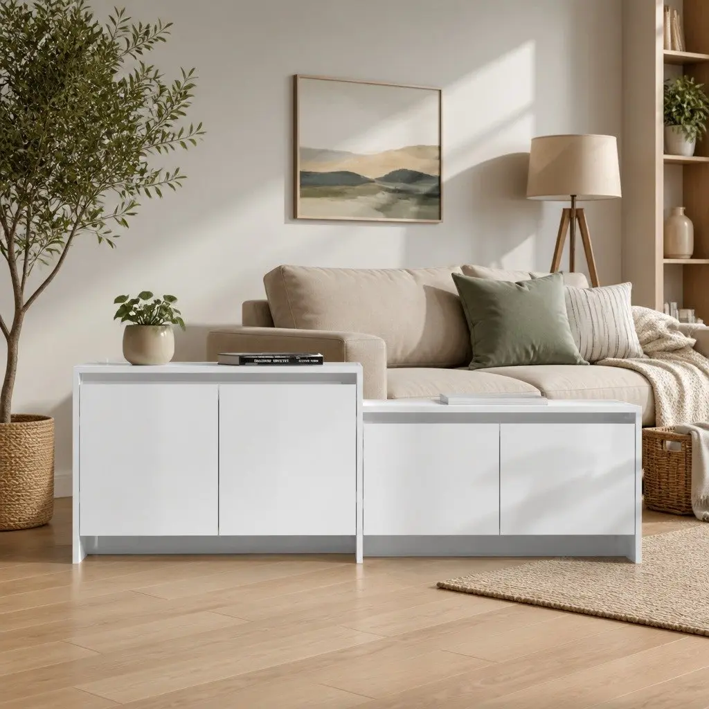 TV Cabinet 4 Door High Gloss White Storage Unit Living Room Lowboard Organiser