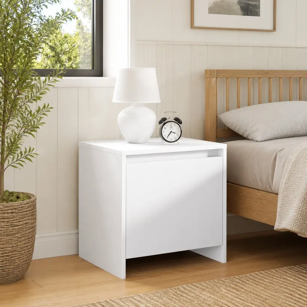 White Engineered Wood Nightstand Bedroom Storage Cabinet 45cm x 34cm x 44.5cm