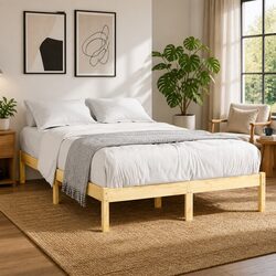 Solid Wood Bed Frame 135x190 cm Brown Wooden Bedstead with Slatted Base