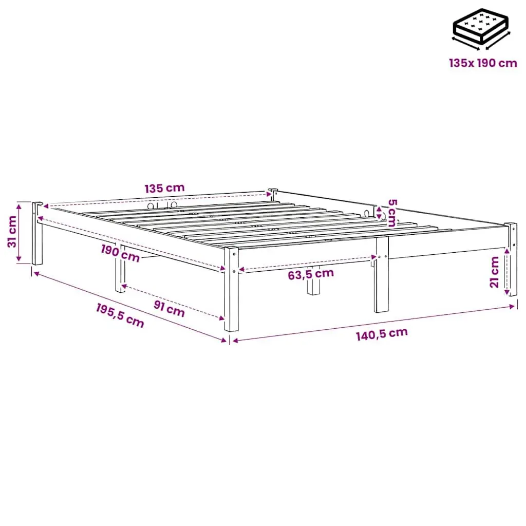 Solid Wood Bed Frame 135x190 cm Brown Wooden Bedstead with Slatted Base