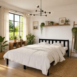 Bed Frame Black Solid Wood 135x190 cm Slatted Base Modern Bedroom Furniture