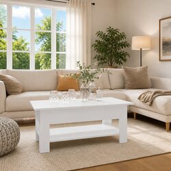 Coffee Table White Modern Two-Tier Design with Storage Shelf for Living Room