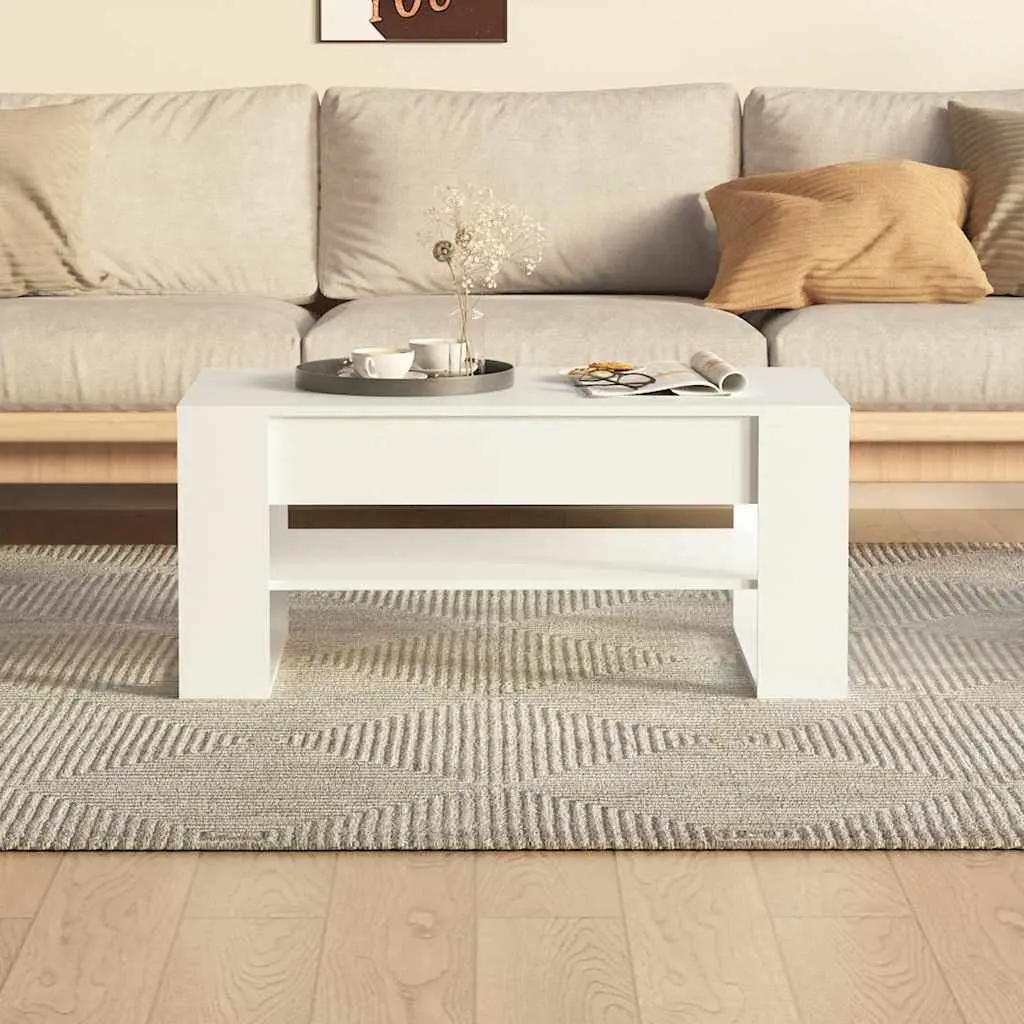 Coffee Table 102cm White Engineered Wood with Storage Shelf