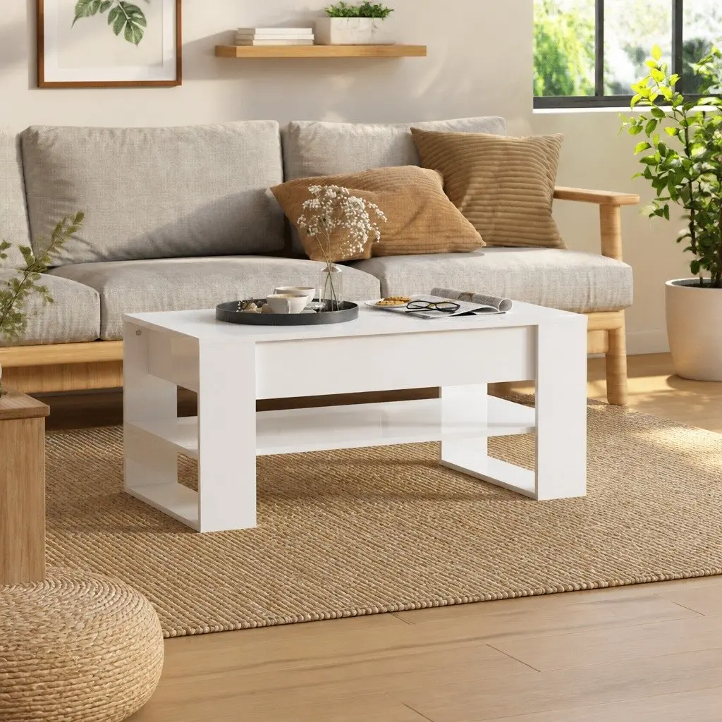 Coffee Table 102cm High Gloss White with Storage Shelf