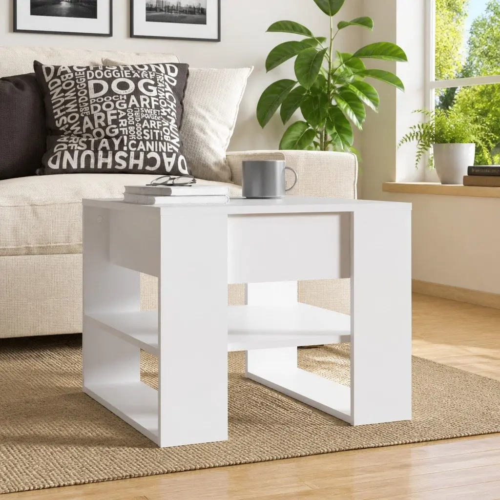 Coffee Table 55.5x55x45cm White with Storage Shelf Living Room Accent Furniture