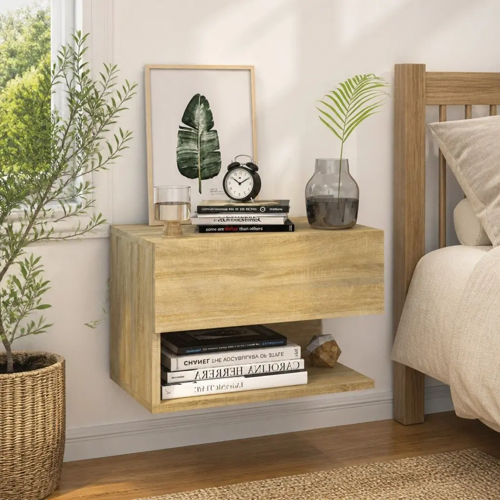 Wall-mounted Bedside Cabinet Brown Floating Shelf Space-saving Storage