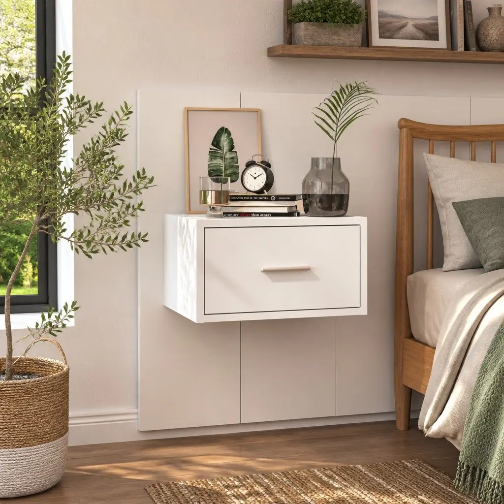 Wall-mounted Bedside Cabinet White Floating Storage Unit with Drawer