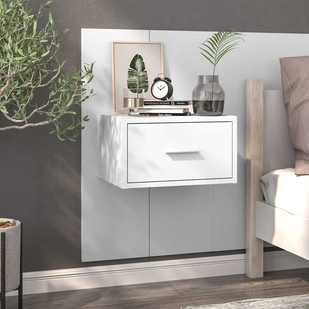 High Gloss White Floating Wall-mounted Bedside Cabinets 2 Piece Space-saving Storage Drawers