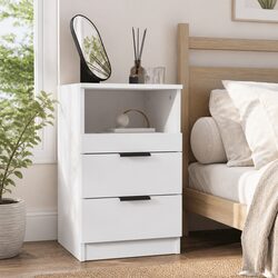 Bedside Cabinet White Engineered Wood Nightstand 2 Drawers 1 Compartment Storage