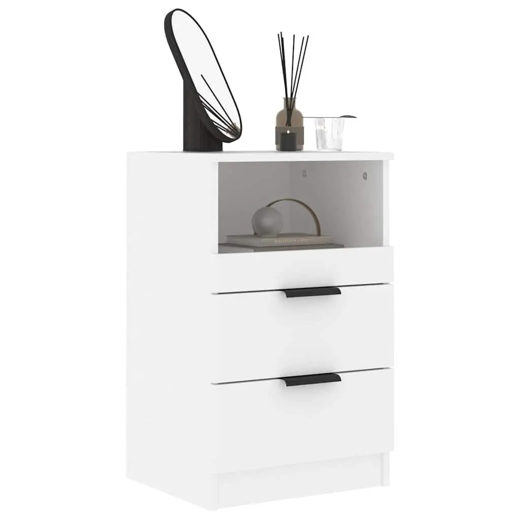Bedside Cabinets 2 pcs White Engineered Wood Nightstand with 2 Drawers and 1 Compartment for Storage