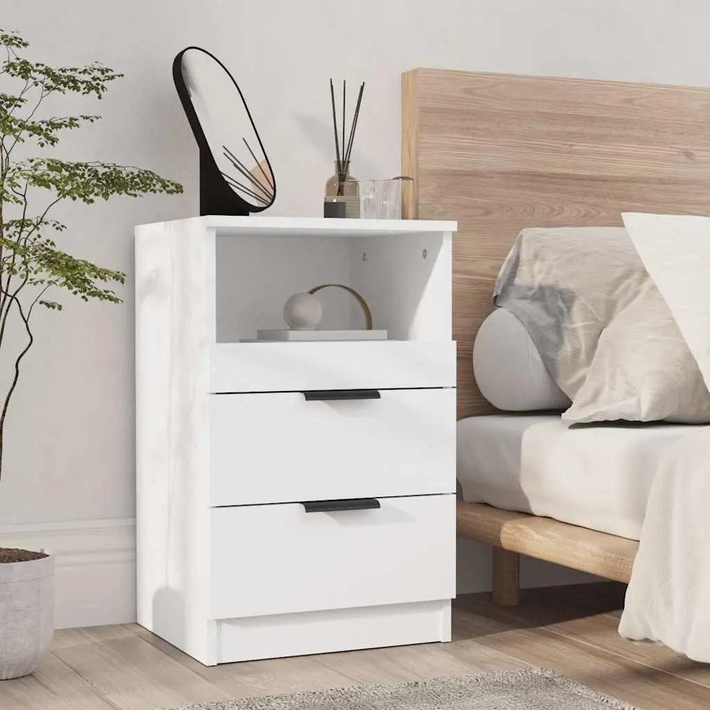 Bedside Cabinets 2 pcs White Engineered Wood Nightstand with 2 Drawers and 1 Compartment for Storage