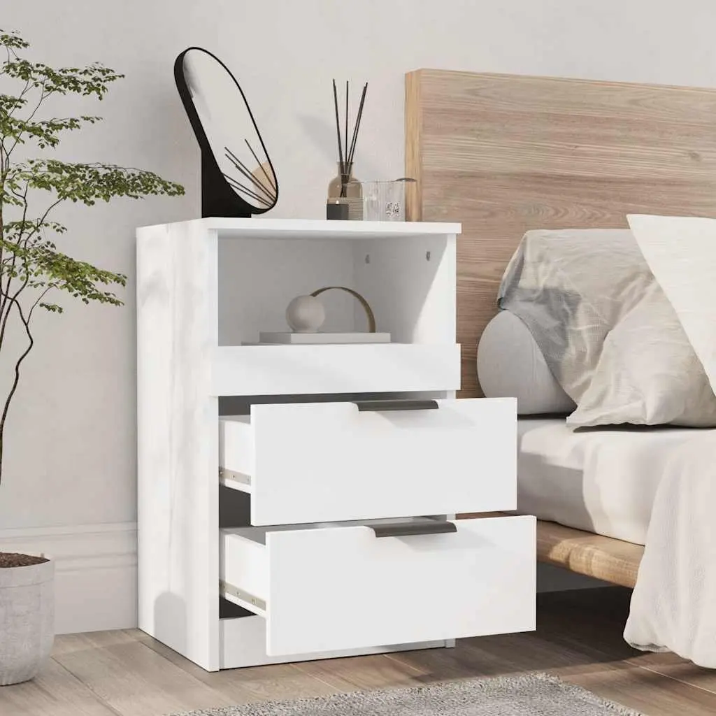 Bedside Cabinets 2 pcs White Engineered Wood Nightstand with 2 Drawers and 1 Compartment for Storage