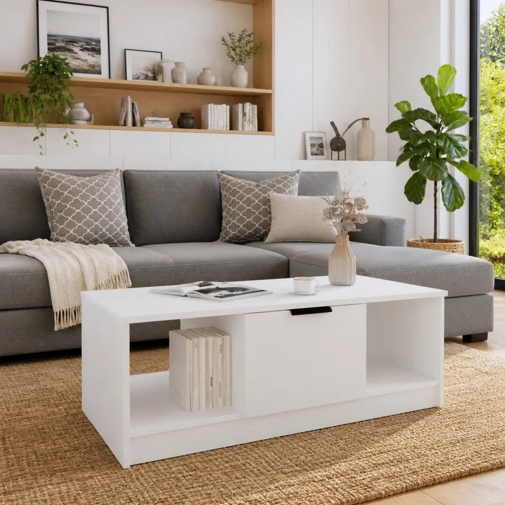 Coffee Table White with Storage Compartments Engineered Wood