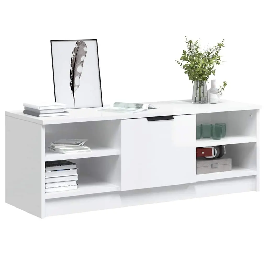 TV Cabinet White High Gloss Engineered Wood Storage Unit Media Console