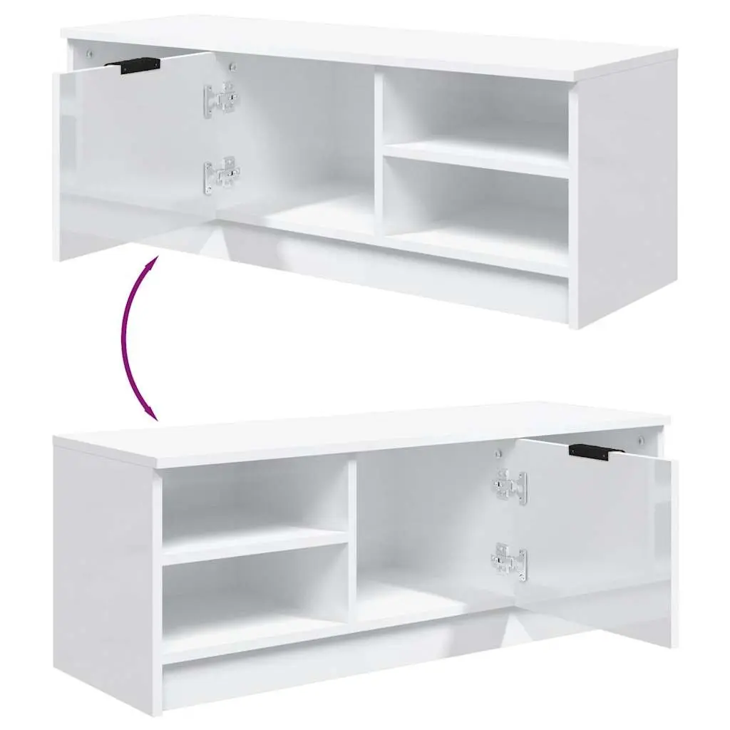 TV Cabinet White High Gloss Engineered Wood Storage Unit Media Console