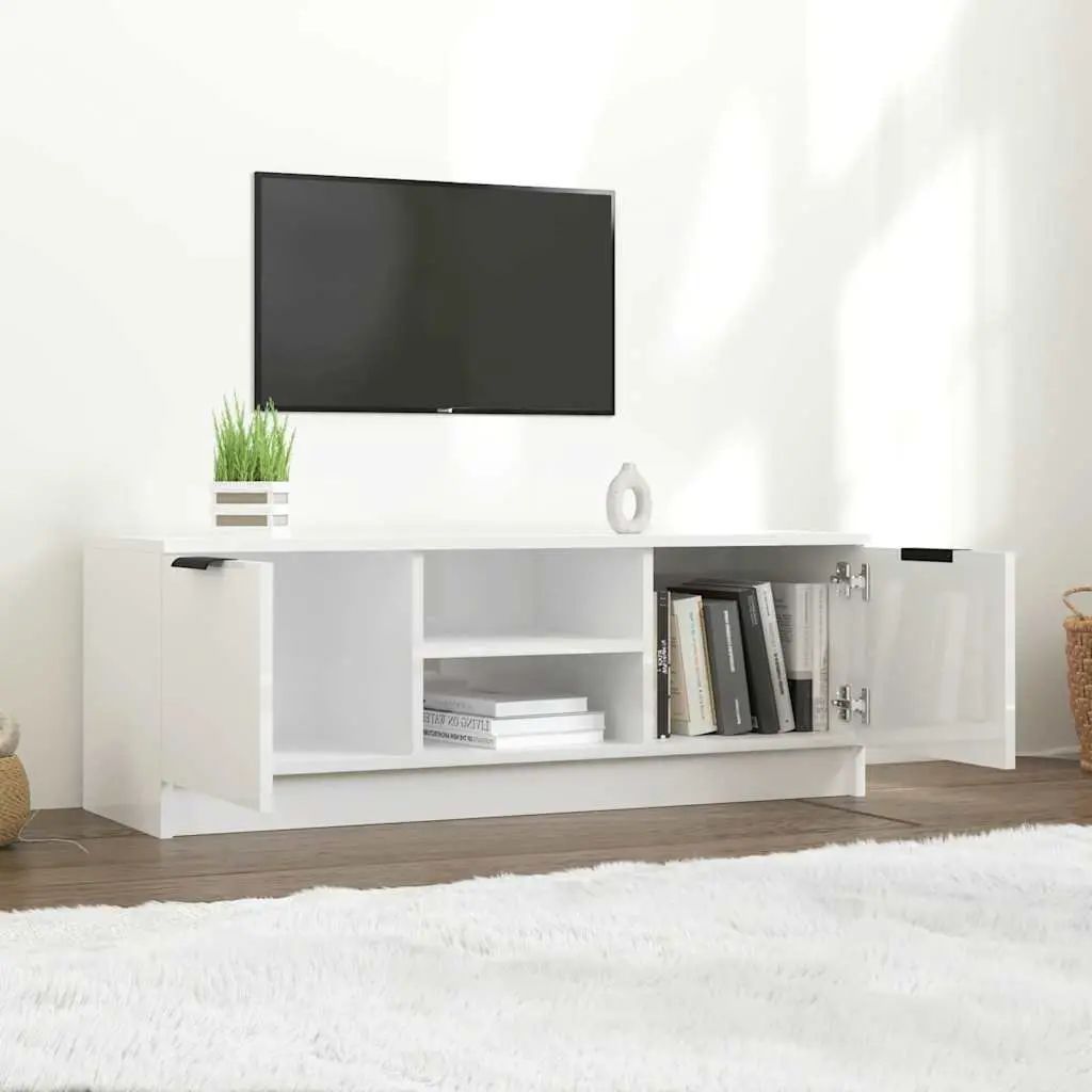 White High Gloss TV Cabinet 102cm with Open and Closed Compartments