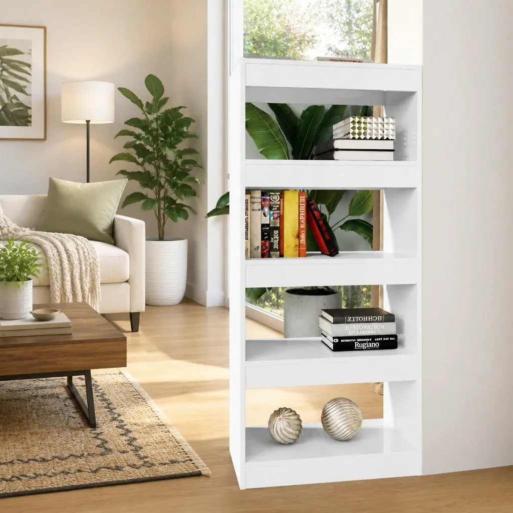 Storage Book Cabinet White High Gloss Engineered Wood Room Divider 60W x 30D x 135H cm