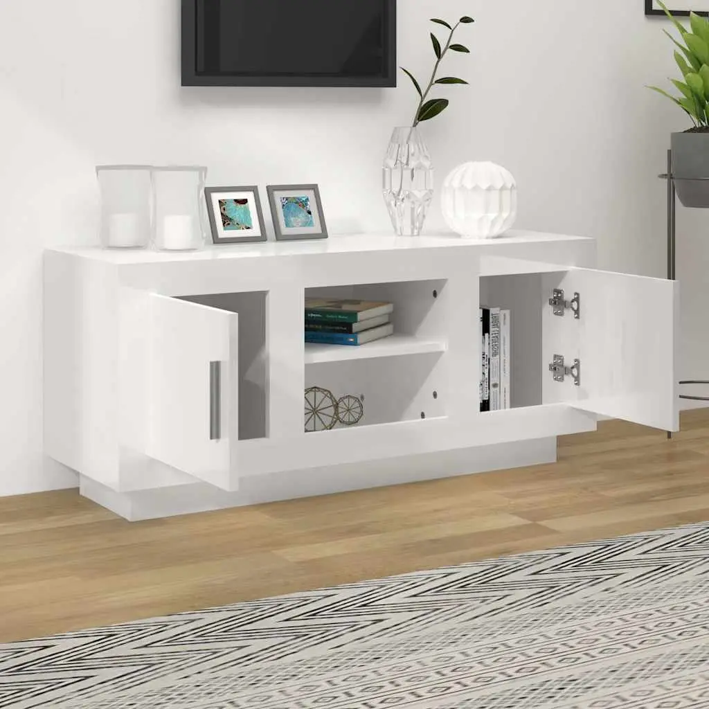 TV Cabinet White High Gloss Modern Storage Unit with Multiple Compartments and Shelves