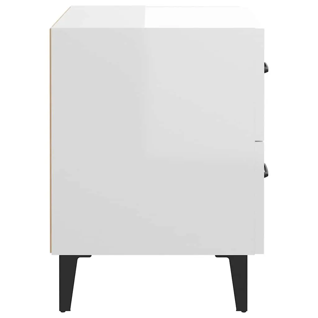 White High Gloss Bedside Cabinets 2 Piece Set with Storage Drawers and Metal Legs for Modern Bedroom Decor