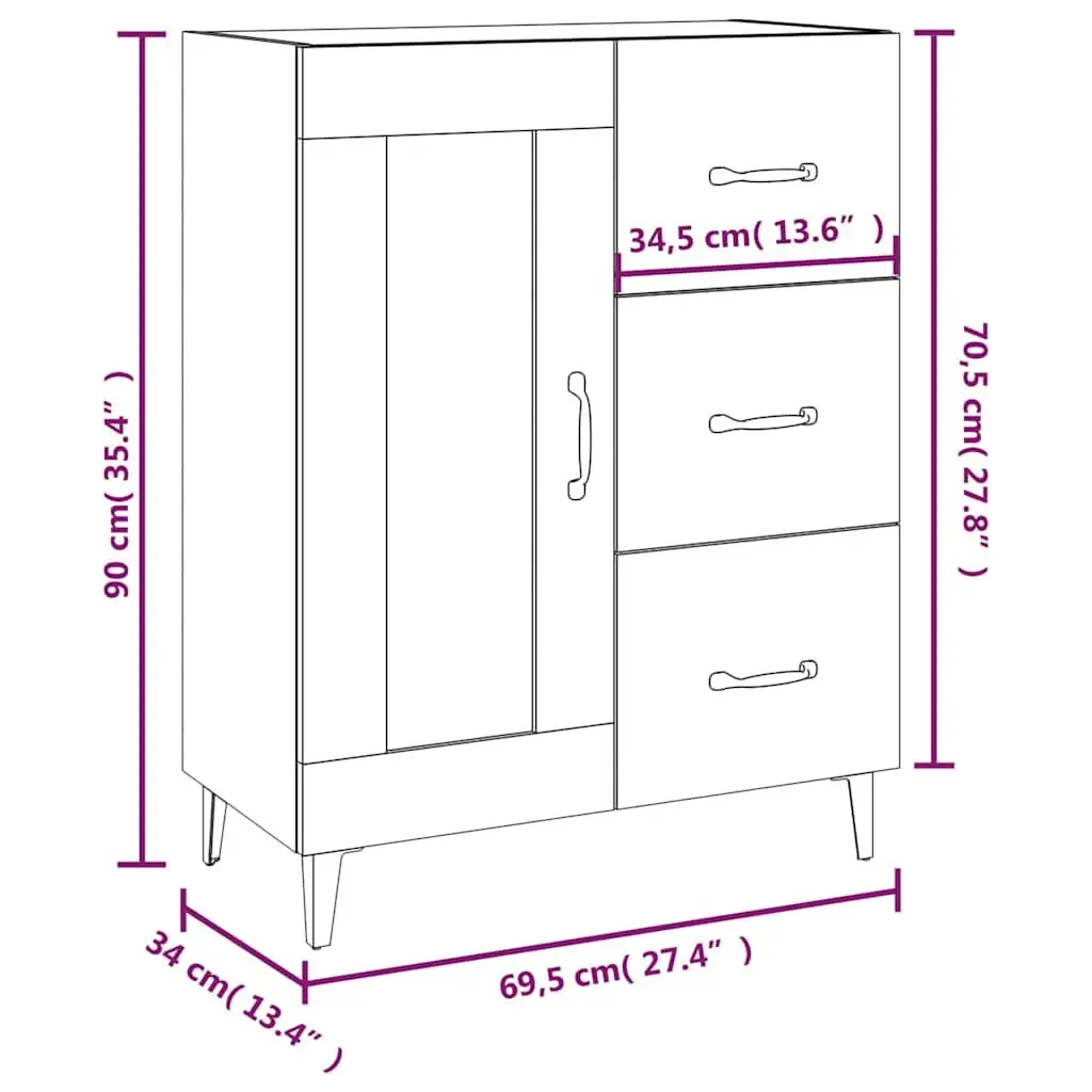 Sideboard High Gloss White Engineered Wood Storage Cabinet 69.5x34x90 cm