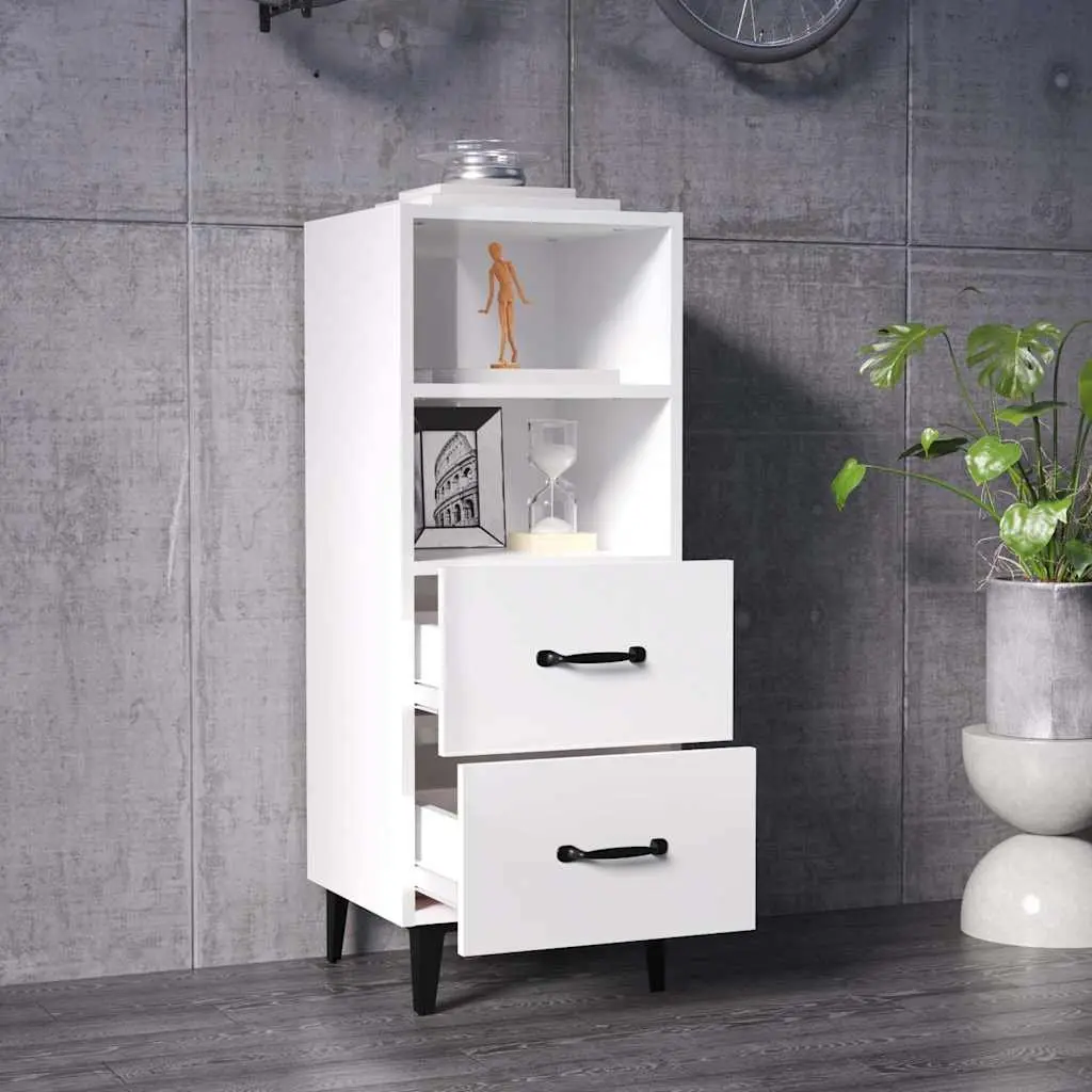 White High Gloss Sideboard Storage Cabinet 34.5x34x90cm Engineered Wood with 2 Drawers and 2 Compartments
