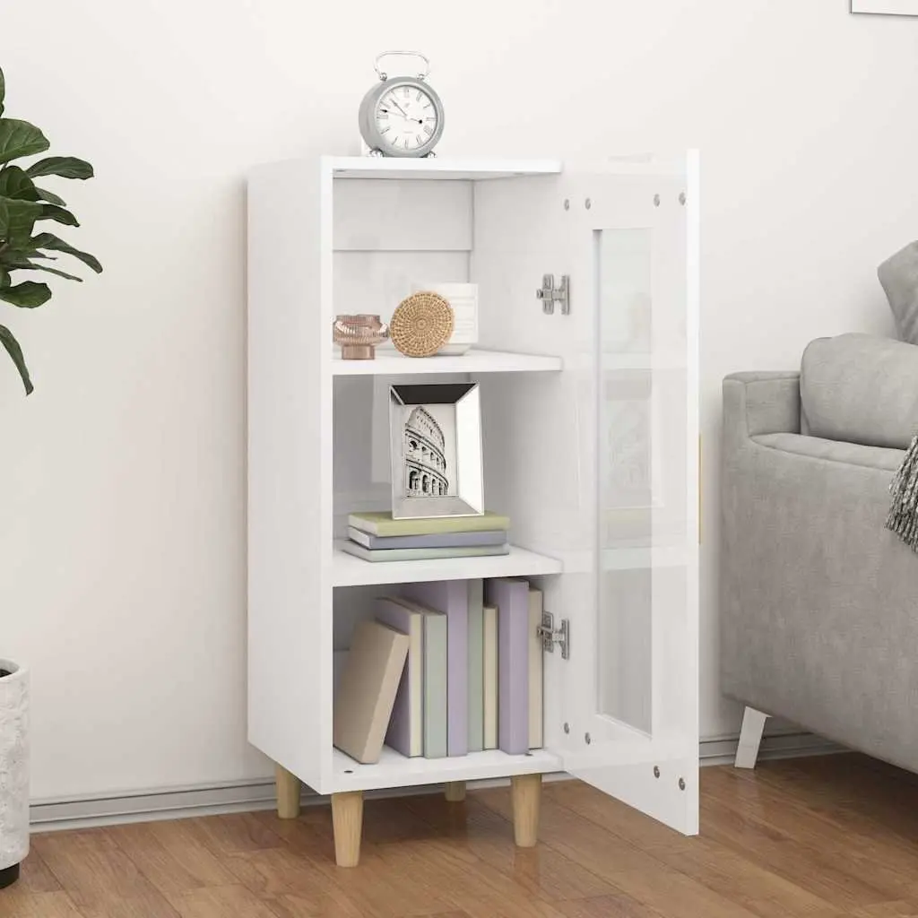 High Gloss White Sideboard Cabinet Engineered Wood 3 Compartment Storage with Glass Door