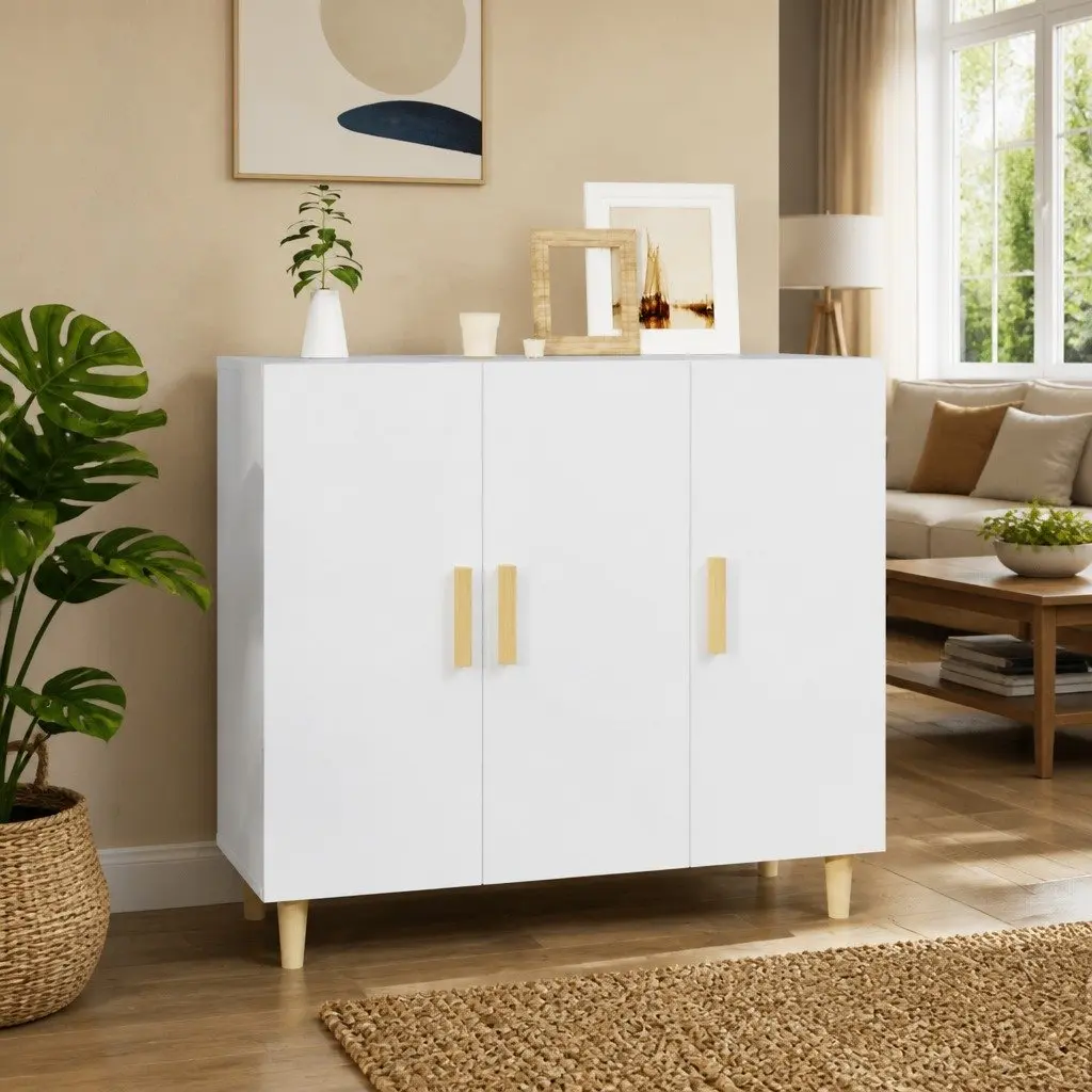 Sideboard White 90x34x80 cm 3 Door Storage Cabinet