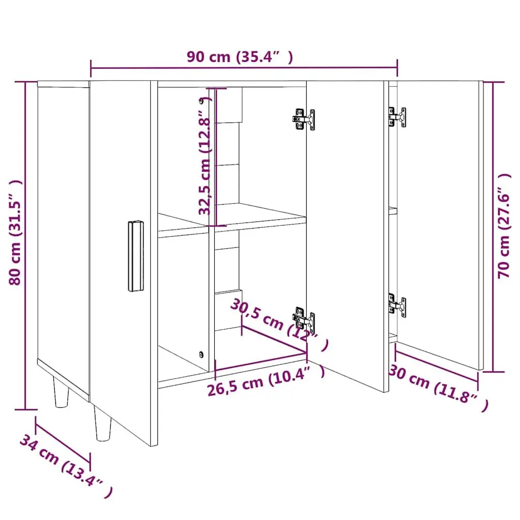 Sideboard White 90x34x80 cm 3 Door Storage Cabinet