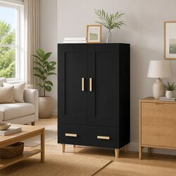 Black Highboard Sideboard Storage Cabinet 70x31x115cm Engineered Wood