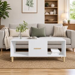 Coffee Table White 102x50x40 cm Storage Compartments Drawer Living Room