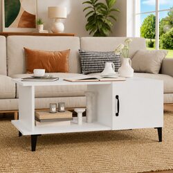 Coffee Table White 90x50x40 cm with Storage Compartment Shelf Metal Legs