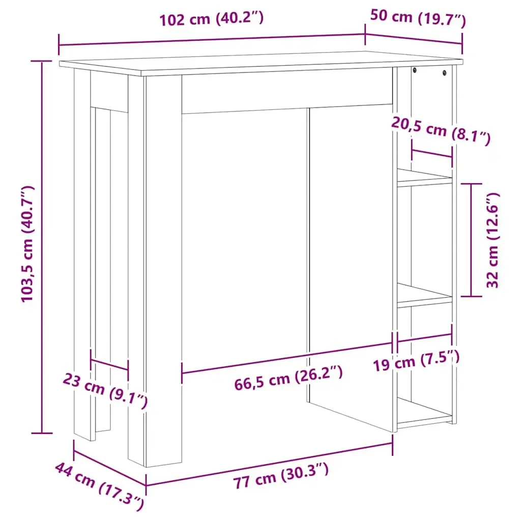 Bar Table Grey Compact with Three Storage Shelves for Kitchen Dining Room
