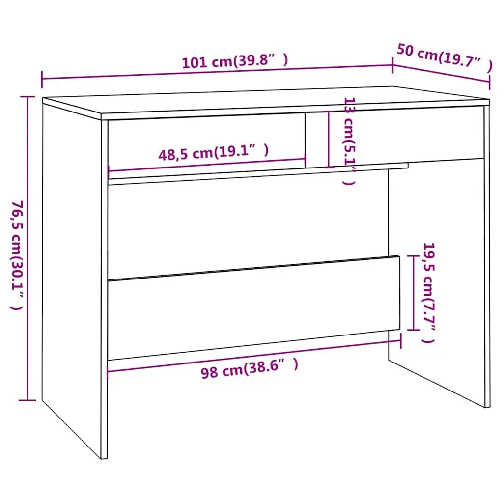 Grey Office Desk 101 x 50 x 76.5 cm Sturdy Construction with 2 Drawers Storage