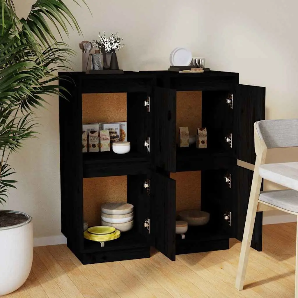 Solid Wood Pine Sideboards 2 pcs Black Storage Cabinet Buffet Furniture Set