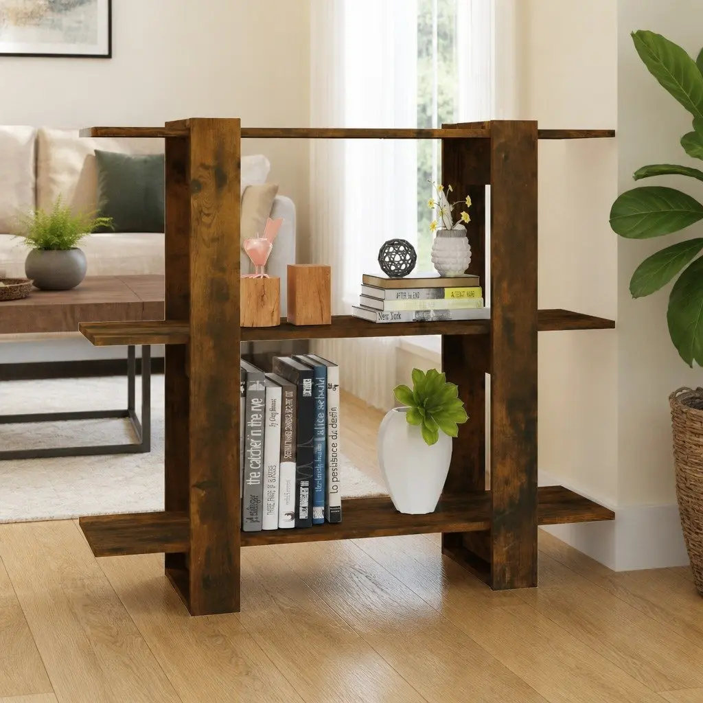 Book Cabinet Room Divider Brown Wooden Shelving Unit