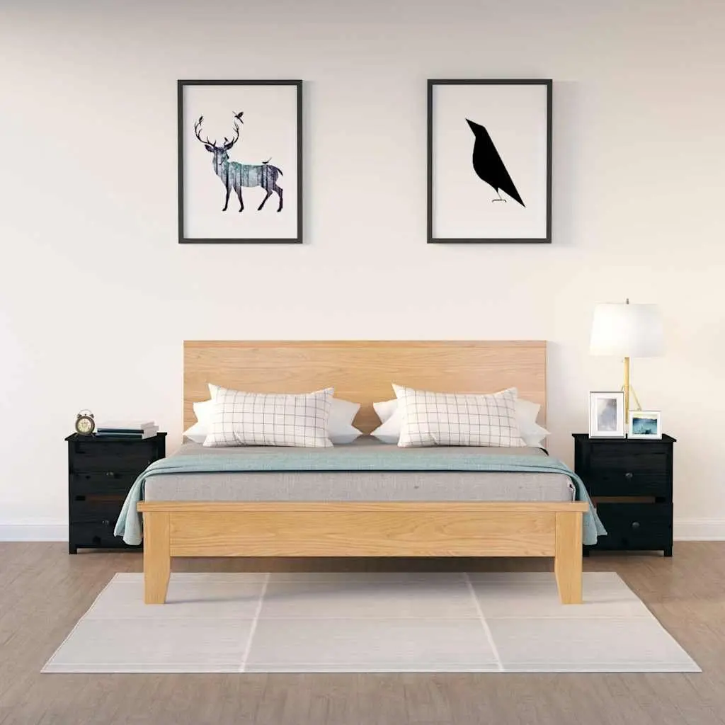 Bedside Cabinet 2 Pcs Black Solid Pine Wood Nightstand with 2 Drawers for Storage