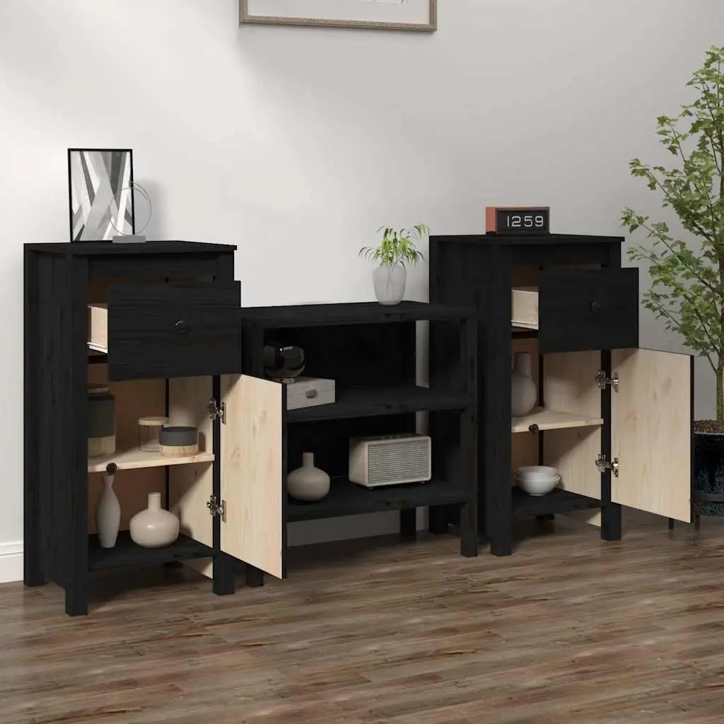 Solid Wood Pine Sideboards Black Storage Cabinet Set of 2