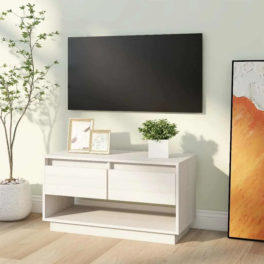 White Solid Pine TV Cabinet 74x34x40cm Wooden Storage Unit with Two Drawers and Large Compartment for Media and Accessories