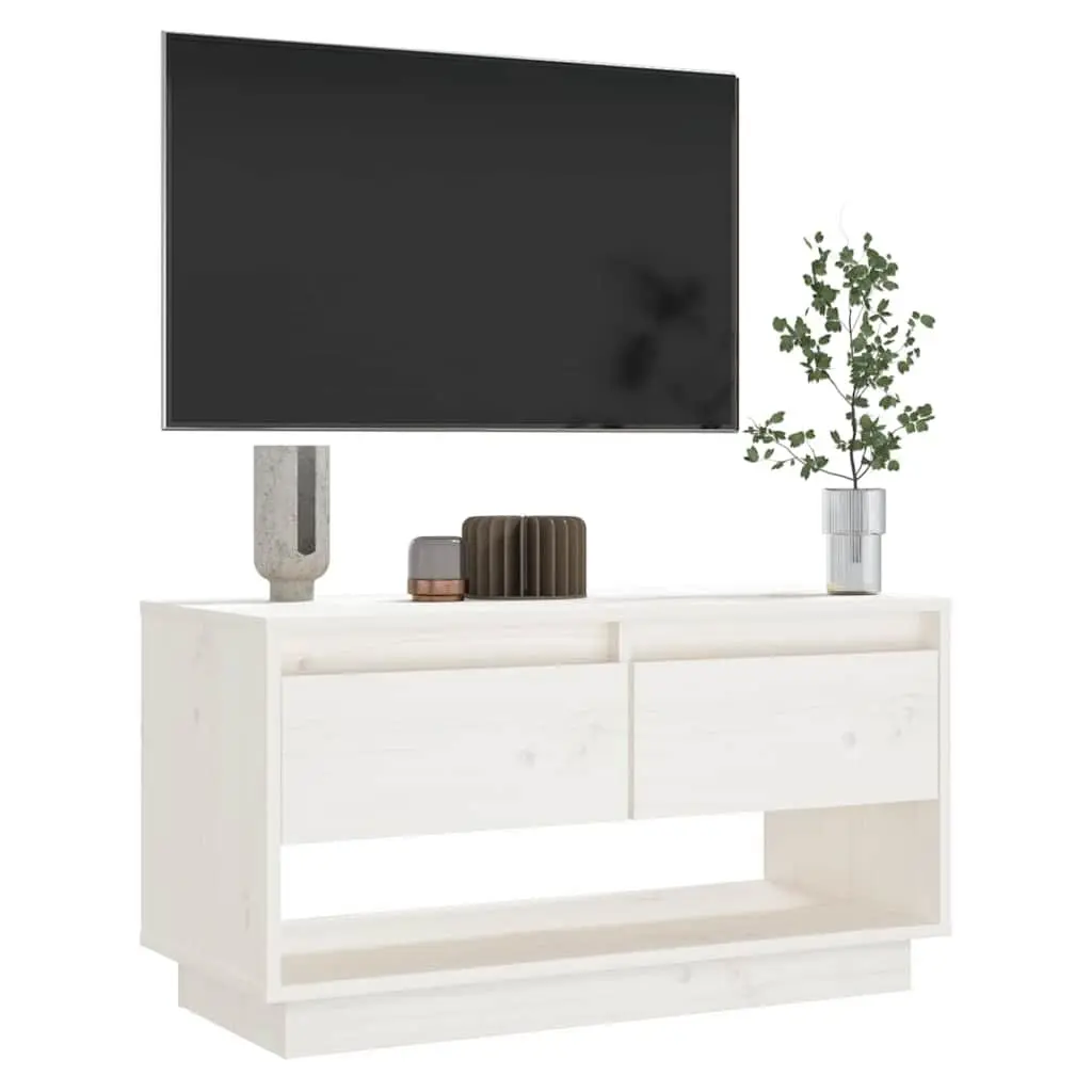 White Solid Pine TV Cabinet 74x34x40cm Wooden Storage Unit with Two Drawers and Large Compartment for Media and Accessories